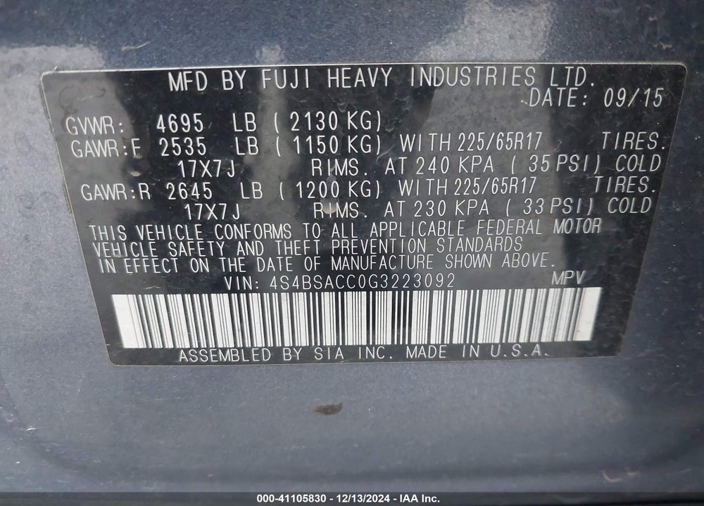 2016 SUBARU OUTBACK 2.5I PREMIUM VIN: 4S4BSACC0G3223092