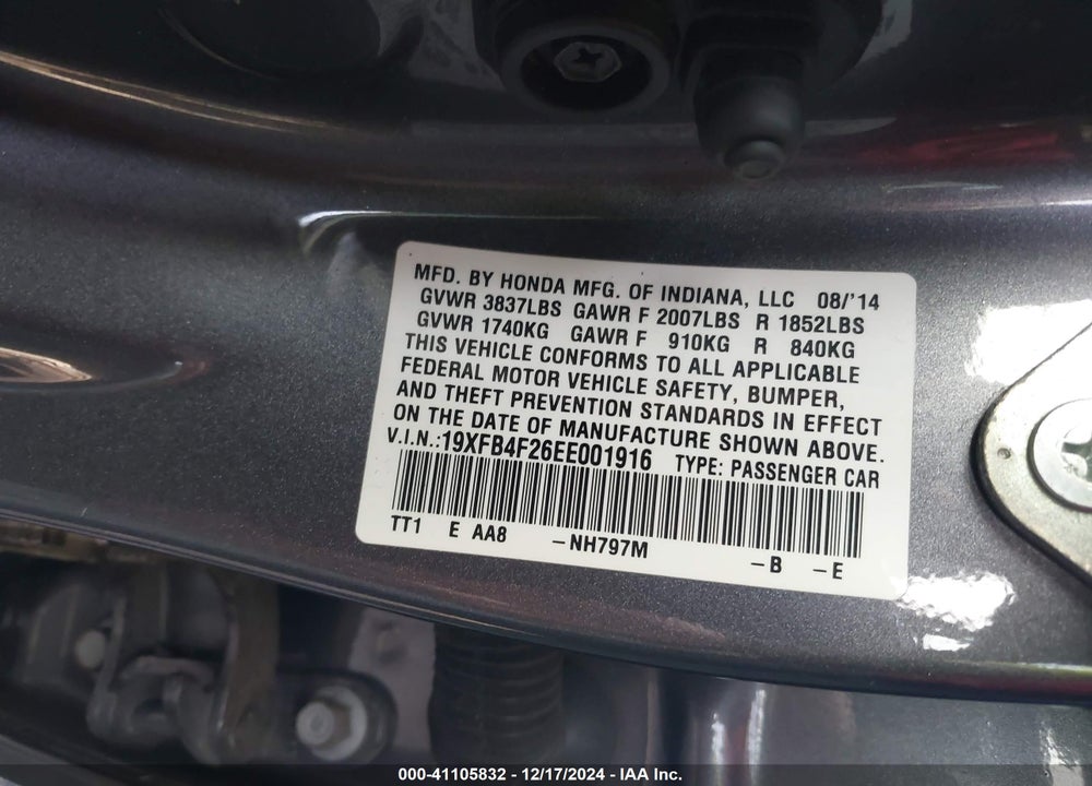 2014 HONDA CIVIC HYBRID VIN: 19XFB4F26EE001916