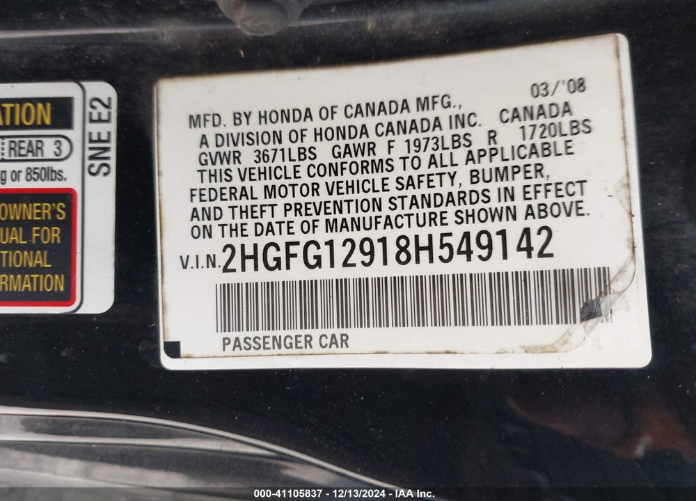 2008 HONDA CIVIC EX-L VIN: 2HGFG12918H549142