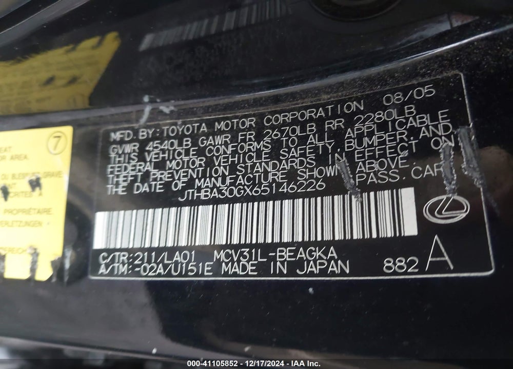 2006 LEXUS ES 330 VIN: JTHBA30GX65146226