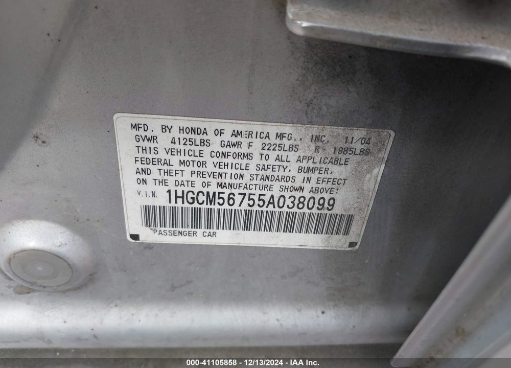 2005 HONDA ACCORD 2.4 EX VIN: 1HGCM56755A038099