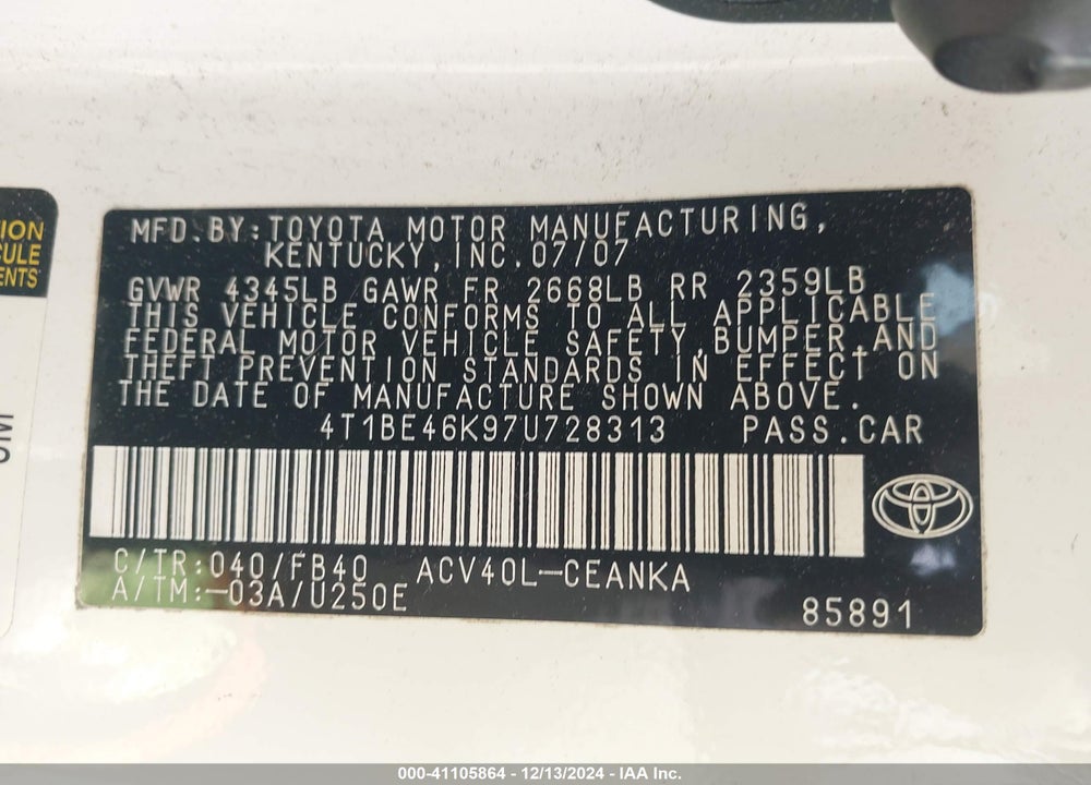 2007 TOYOTA CAMRY CE VIN: 4T1BE46K97U728313
