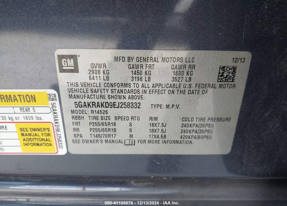 2014 BUICK ENCLAVE CONVENIENCE VIN: 5GAKRAKD9EJ258332