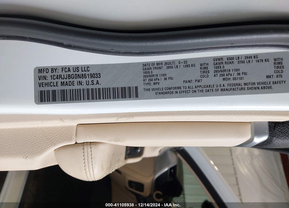 2022 JEEP GRAND CHEROKEE L LIMITED 4X2 VIN: 1C4RJJBG0N8619033