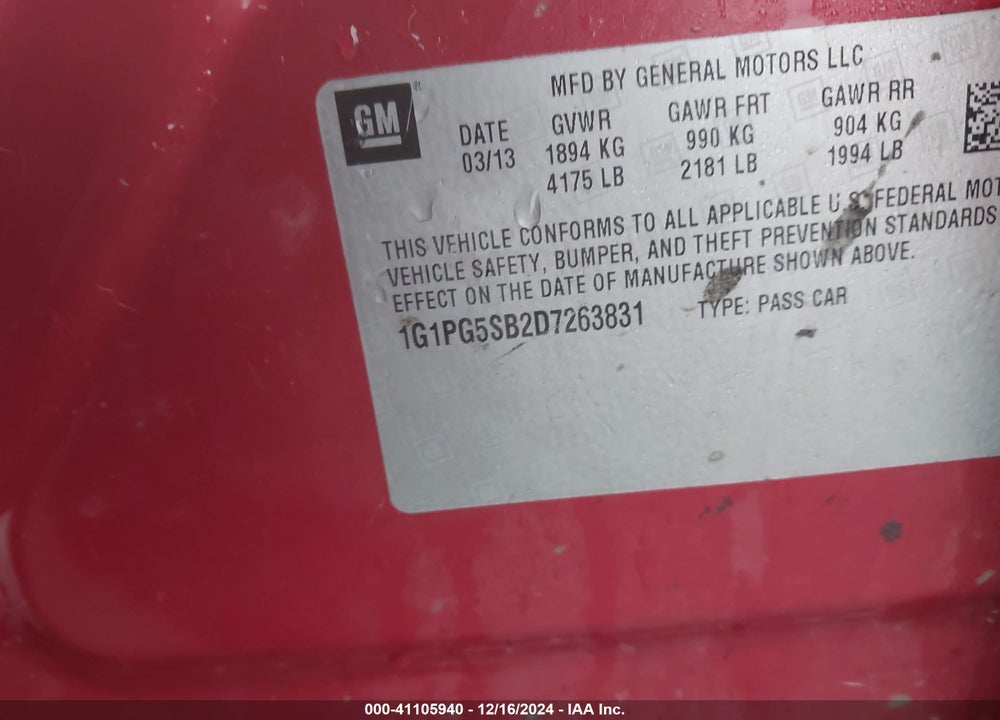 2013 CHEVROLET CRUZE VIN: 1G1PG5SB2D7263831