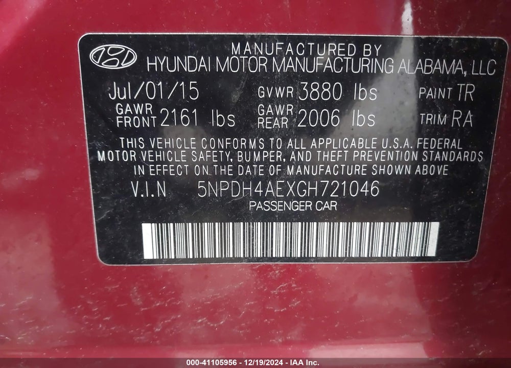 2016 HYUNDAI ELANTRA SE VIN: 5NPDH4AEXGH721046