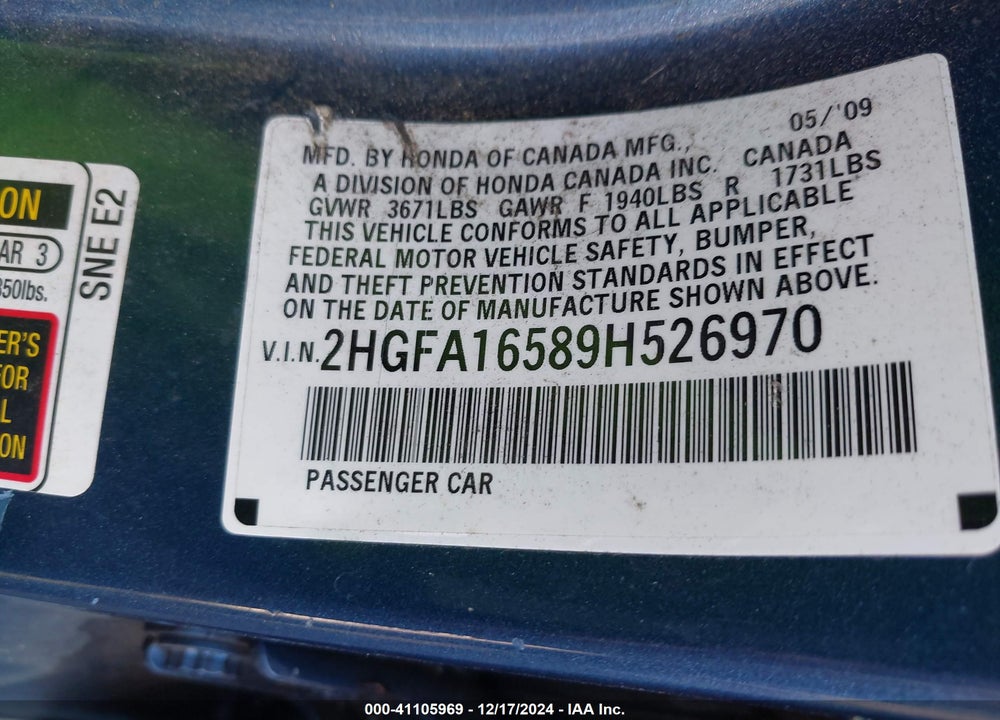 2009 HONDA CIVIC LX VIN: 2HGFA16589H526970