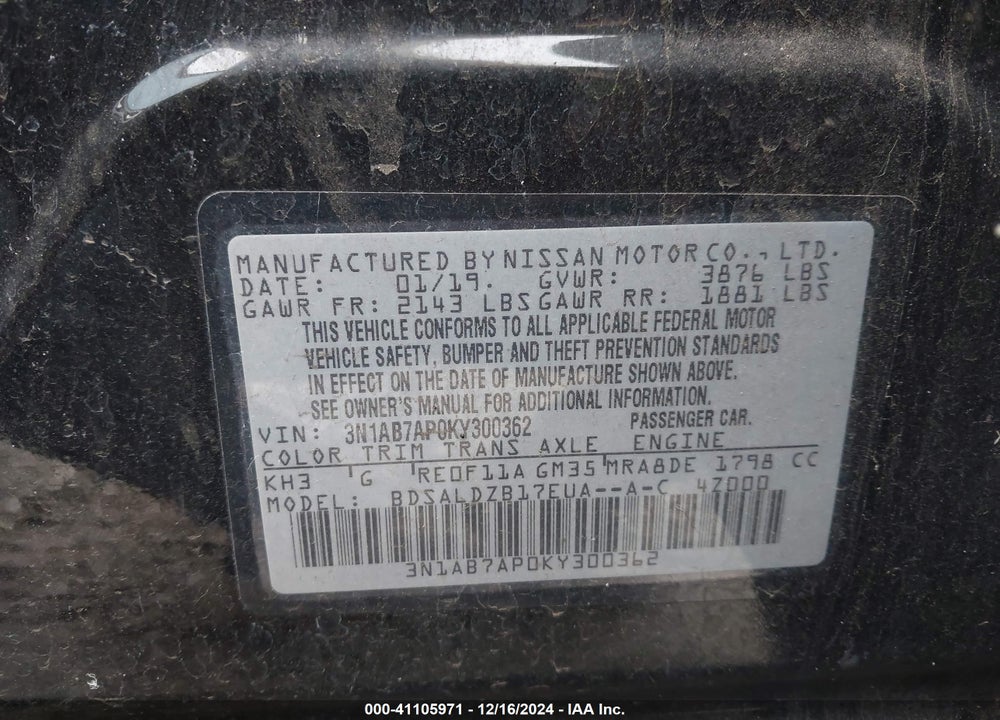 2019 NISSAN SENTRA SV VIN: 3N1AB7AP0KY300362
