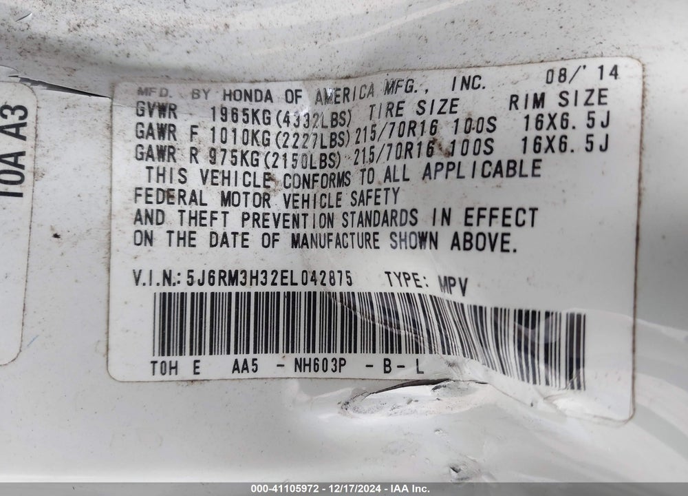 2014 HONDA CR-V LX VIN: 5J6RM3H32EL042875