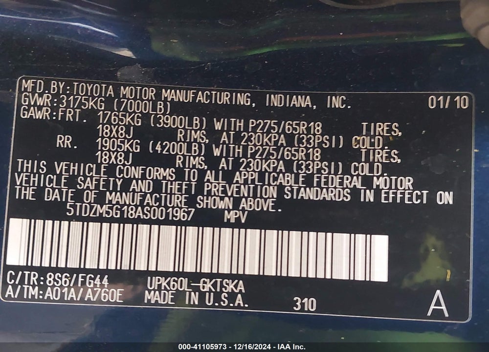 2010 TOYOTA SEQUOIA SR5 4.6L V8 VIN: 5TDZM5G18AS001967
