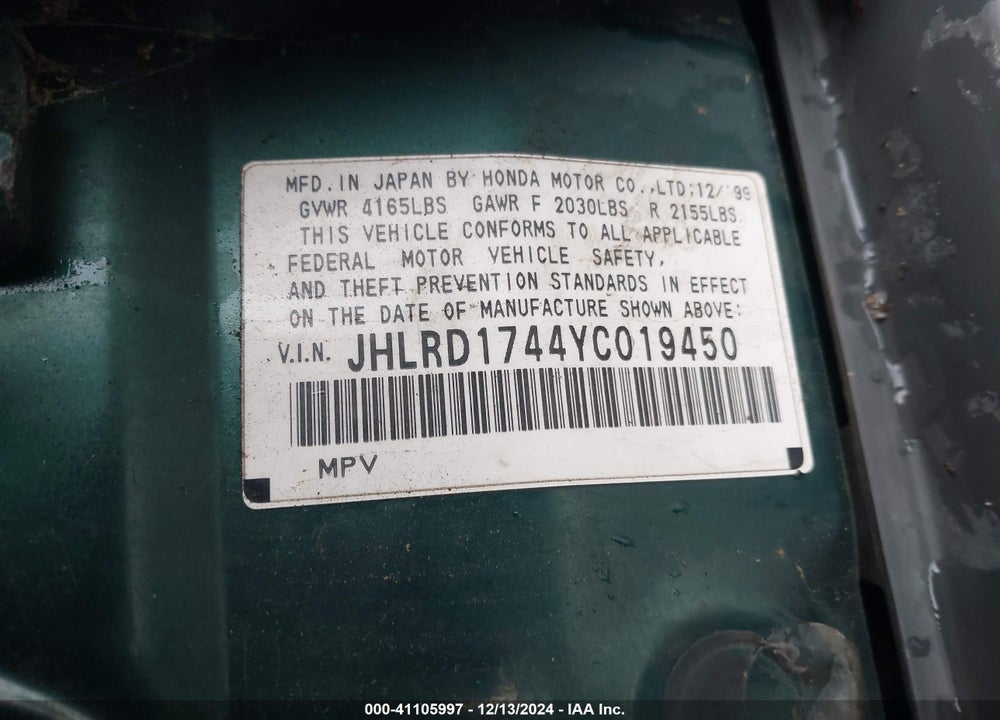 2000 HONDA CR-V LX VIN: JHLRD1744YC019450