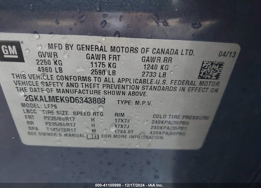 2013 GMC TERRAIN SLE-1 VIN: 2GKALMEK9D6343808