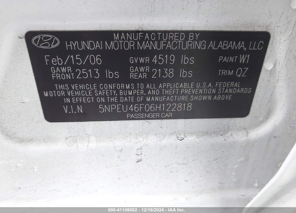 2006 HYUNDAI SONATA GLS V6/LX V6 VIN: 5NPEU46F06H122818