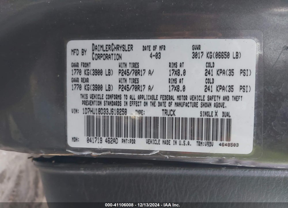 2003 DODGE RAM 1500 SLT/LARAMIE/ST VIN: 1D7HU18D33J618258