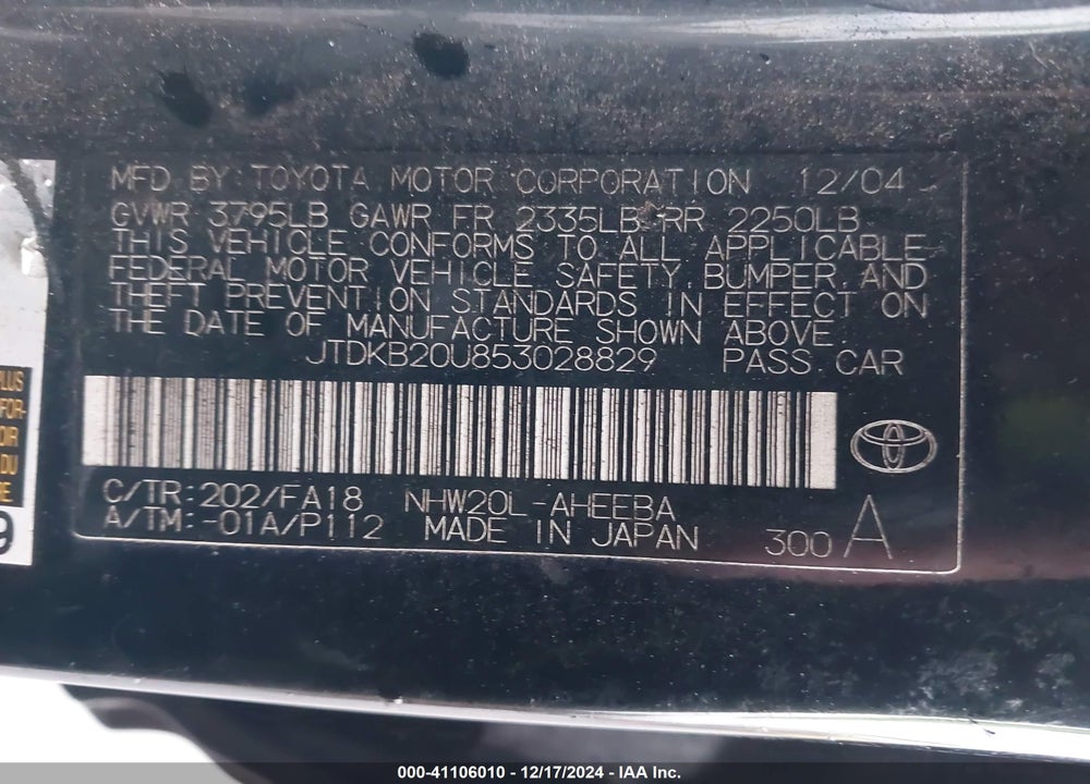 2005 TOYOTA PRIUS VIN: JTDKB20U853028829