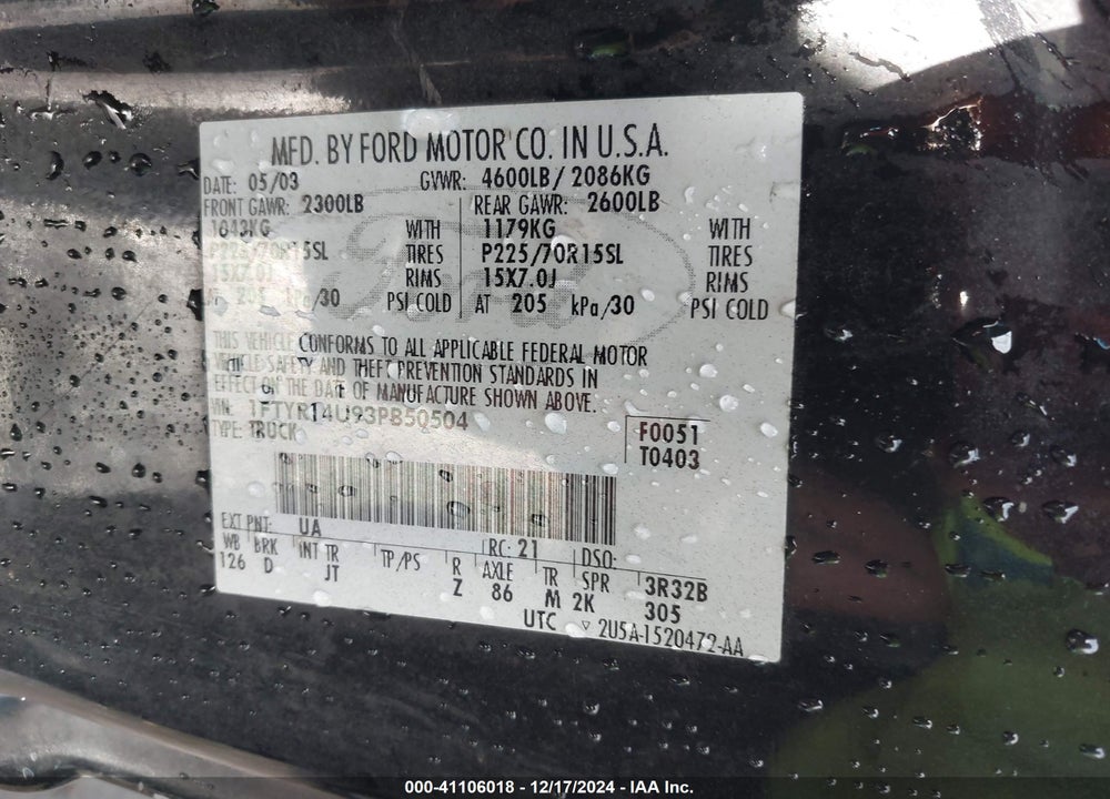 2003 FORD RANGER EDGE/TREMOR/XL/XLT VIN: 1FTYR14U93PB50504
