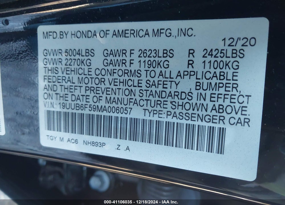 2021 ACURA TLX A-SPEC PACKAGE VIN: 19UUB6F59MA006057