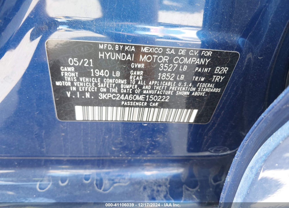 2021 HYUNDAI ACCENT VIN: 3KPC24A60ME150222
