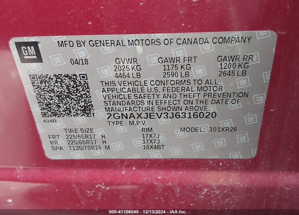 2018 CHEVROLET EQUINOX LT VIN: 2GNAXJEV3J6316020