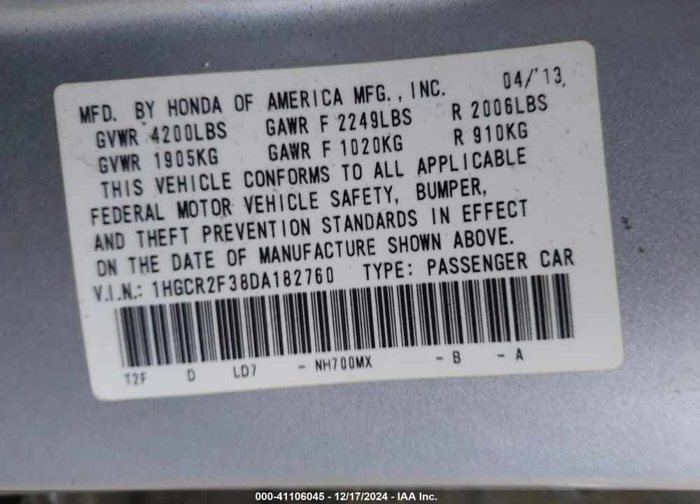 2013 HONDA ACCORD LX VIN: 1HGCR2F38DA182760