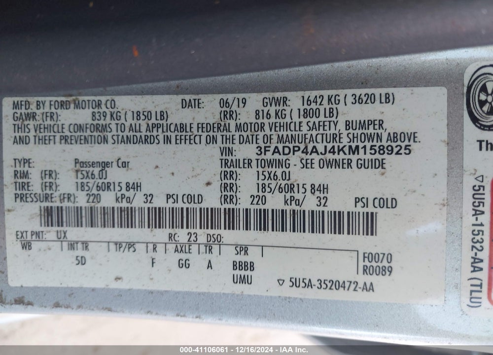 2019 FORD FIESTA VIN: 3FADP4AJ4KM158925