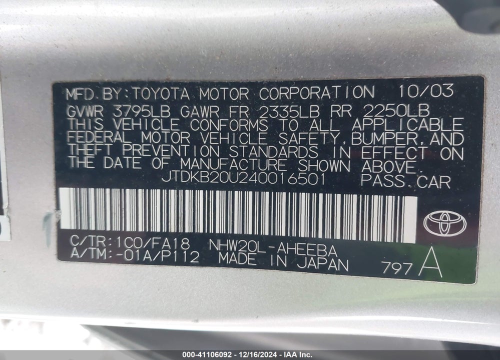 2004 TOYOTA PRIUS VIN: JTDKB20U240016501
