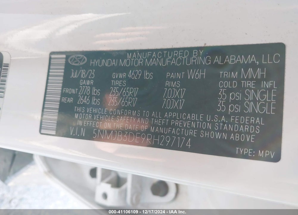 2024 HYUNDAI TUCSON SEL VIN: 5NMJB3DE9RH297174