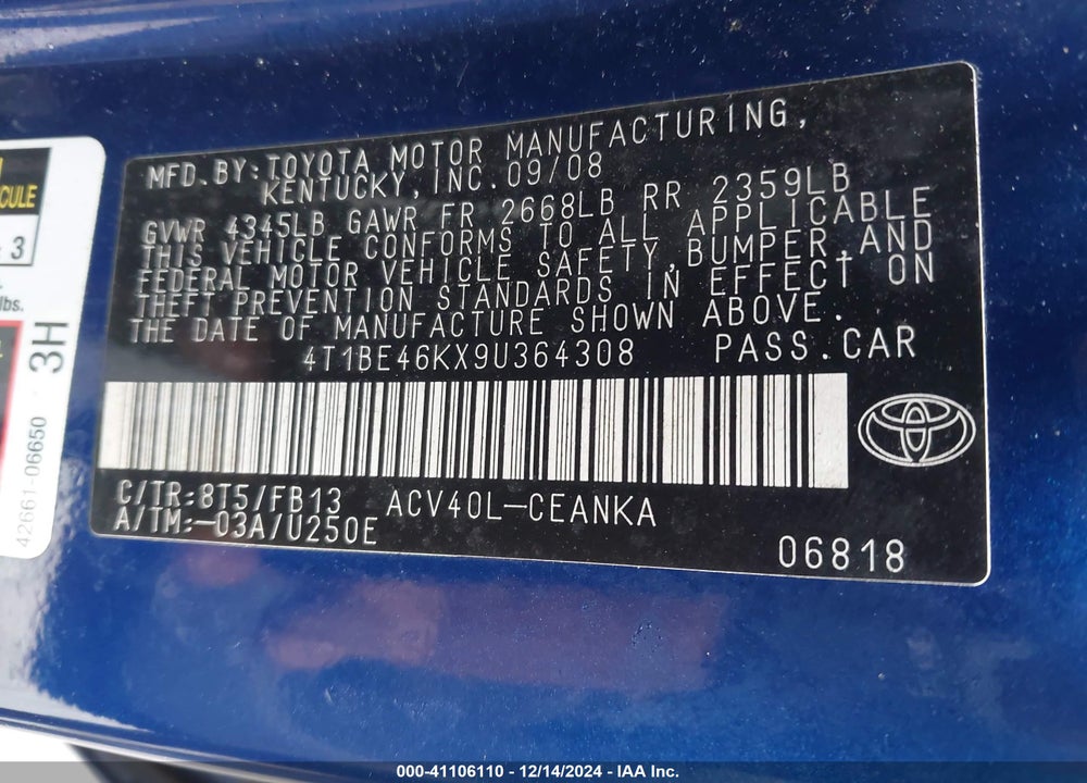 2009 TOYOTA CAMRY LE VIN: 4T1BE46KX9U364308