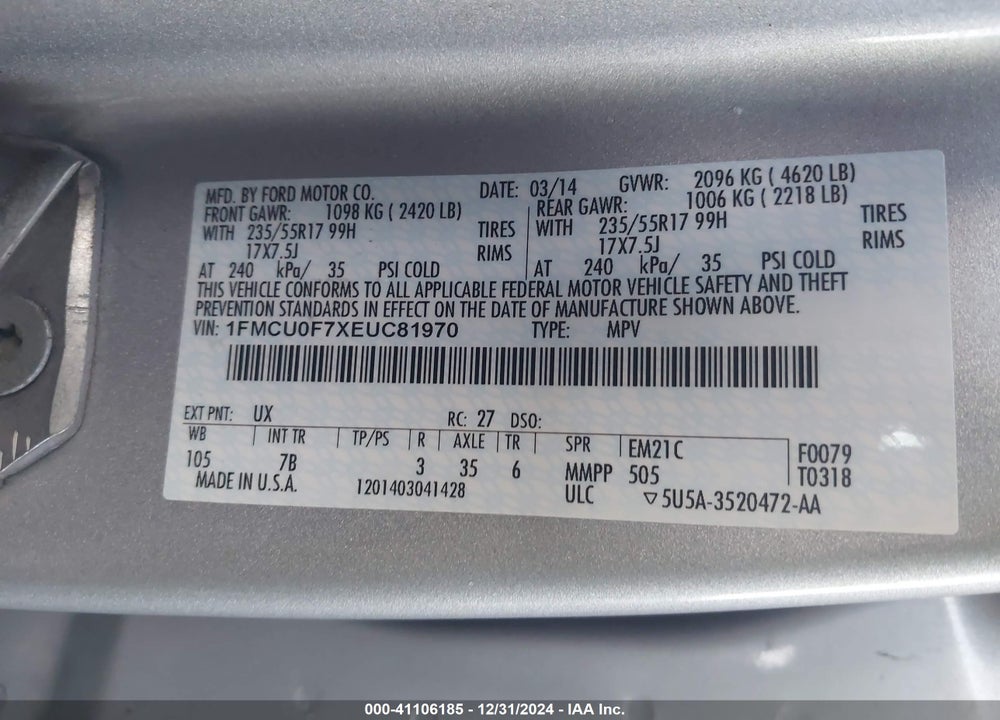 2014 FORD ESCAPE S VIN: 1FMCU0F7XEUC81970