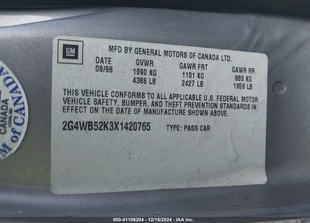 1999 BUICK REGAL LS VIN: 2G4WB52K3X1420765