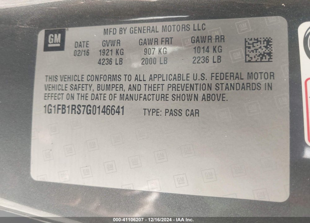 2016 CHEVROLET CAMARO 1LT VIN: 1G1FB1RS7G0146641