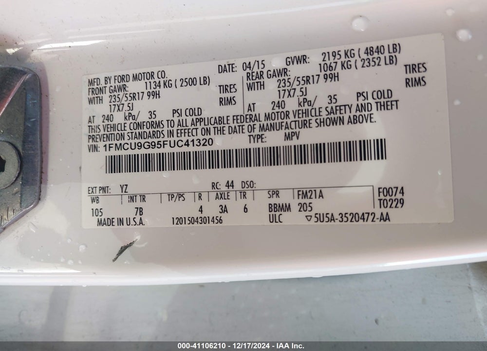 2015 FORD ESCAPE SE VIN: 1FMCU9G95FUC41320