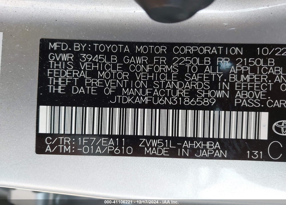 2022 TOYOTA PRIUS LIMITED VIN: JTDKAMFU6N3186589
