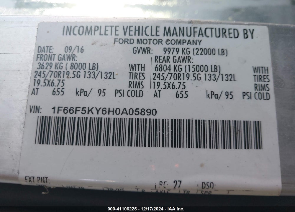 2017 FORD F-59 COMMERCIAL STRIPPED VIN: 1F66F5KY6H0A05890