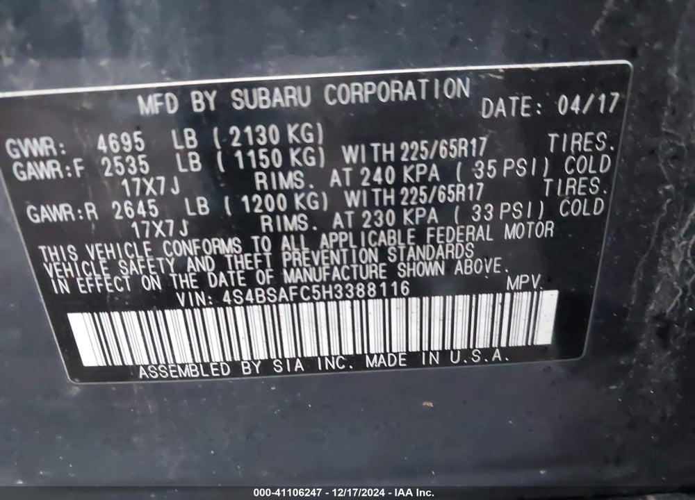 2017 SUBARU OUTBACK 2.5I PREMIUM VIN: 4S4BSAFC5H3388116