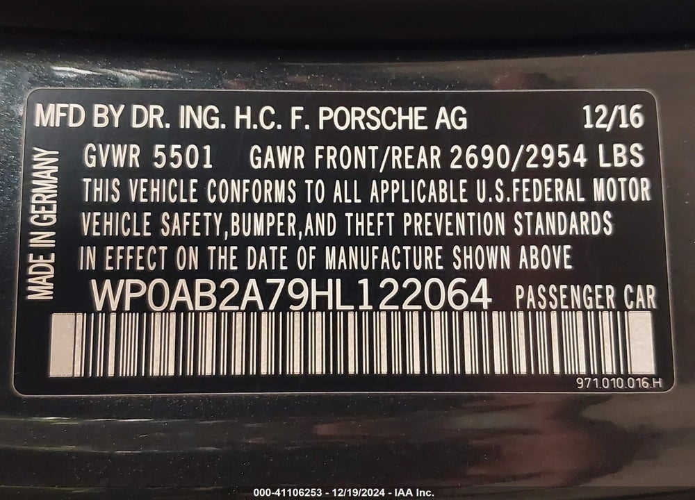 2017 PORSCHE PANAMERA VIN: WP0AB2A79HL122064