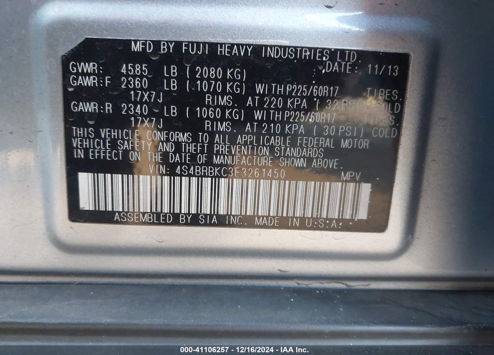 2014 SUBARU OUTBACK 2.5I LIMITED VIN: 4S4BRBKC3E3261450