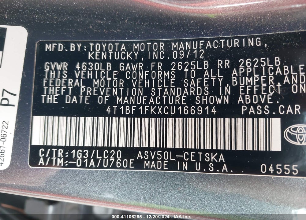 2012 TOYOTA CAMRY SE VIN: 4T1BF1FKXCU166914