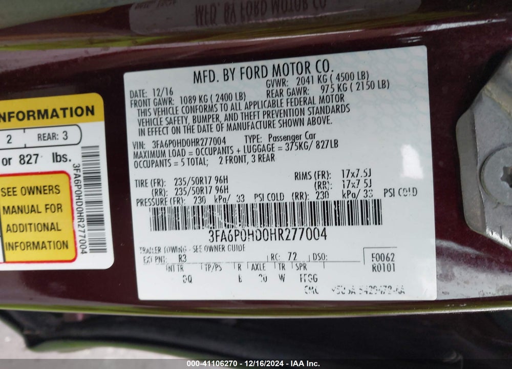 2017 FORD FUSION SE VIN: 3FA6P0HD0HR277004