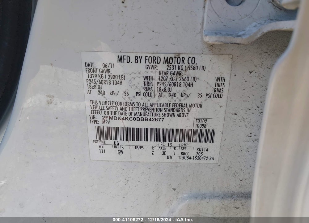 2011 FORD EDGE LIMITED VIN: 2FMDK4KC0BBB42677