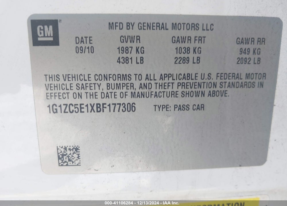 2011 CHEVROLET MALIBU 1LT VIN: 1G1ZC5E1XBF177306