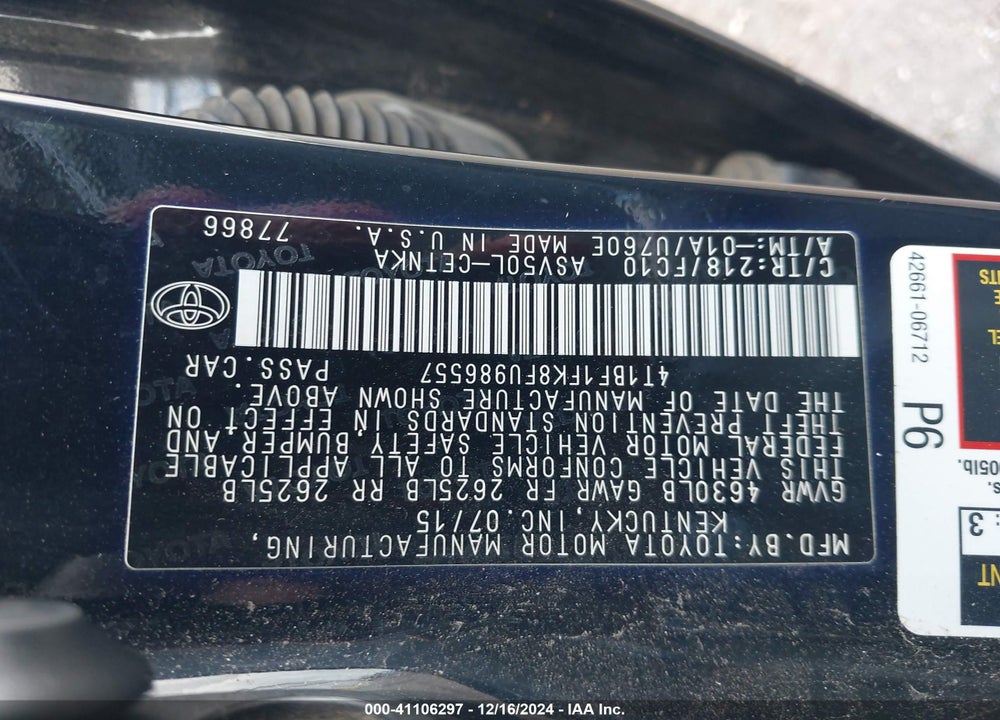 2015 TOYOTA CAMRY LE VIN: 4T1BF1FK8FU986557