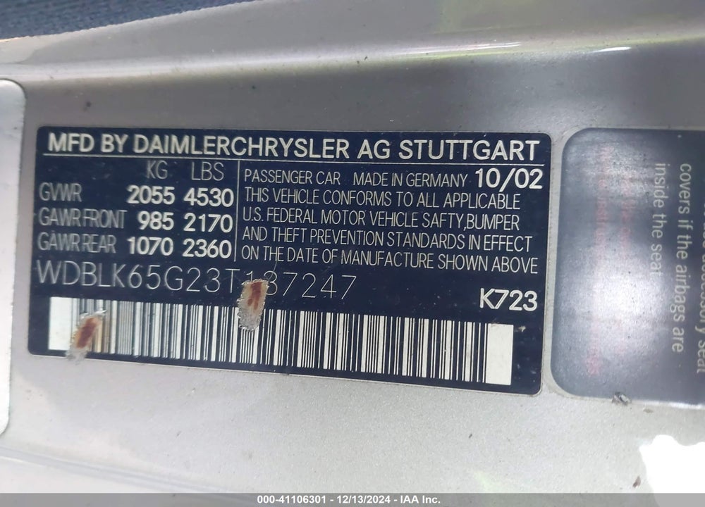 2003 MERCEDES-BENZ CLK 320 VIN: WDBLK65G23T137247