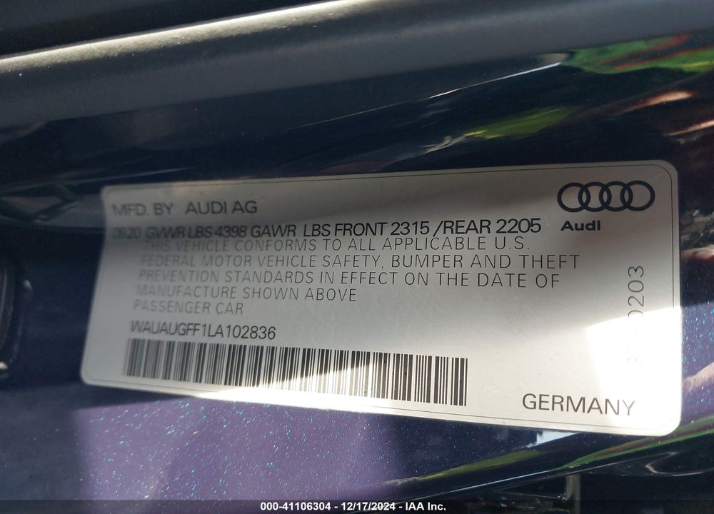 2020 AUDI A3 PREMIUM 40 TFSI FRONT-WHEEL DRIVE S TRONIC VIN: WAUAUGFF1LA102836