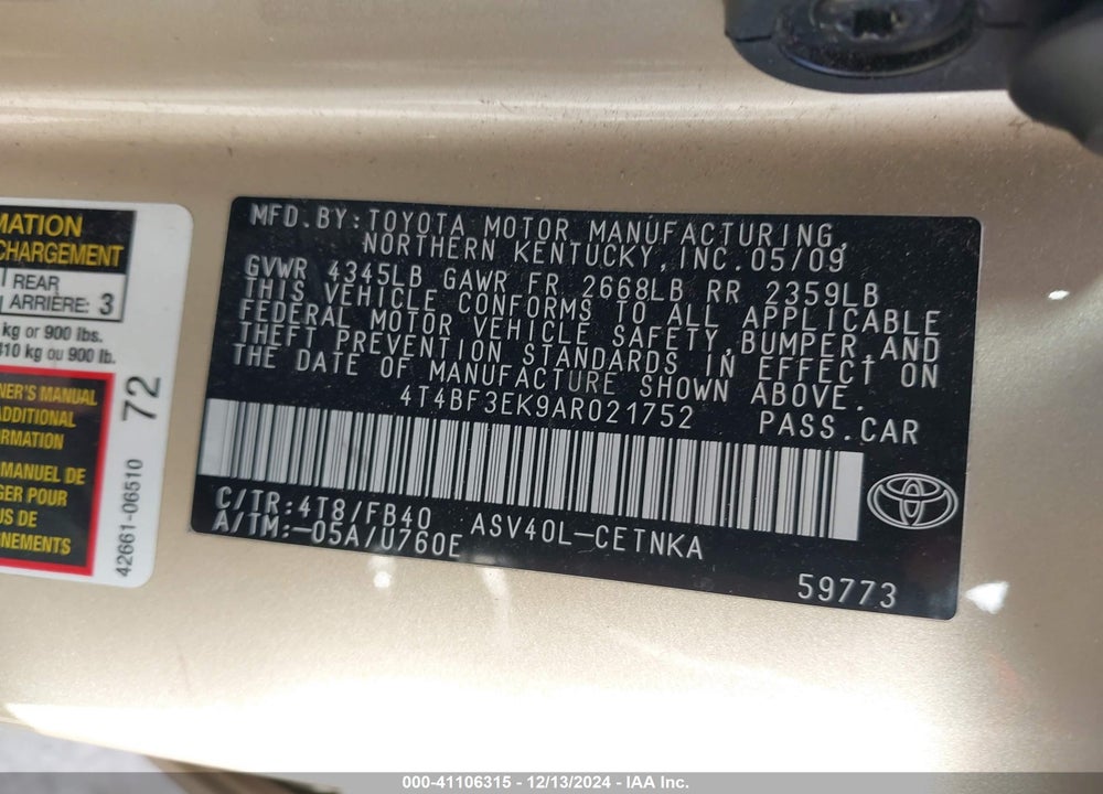 2010 TOYOTA CAMRY LE VIN: 4T4BF3EK9AR021752