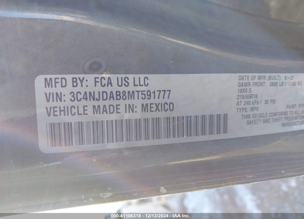 2021 JEEP COMPASS SPORT 4X4 VIN: 3C4NJDAB8MT591777