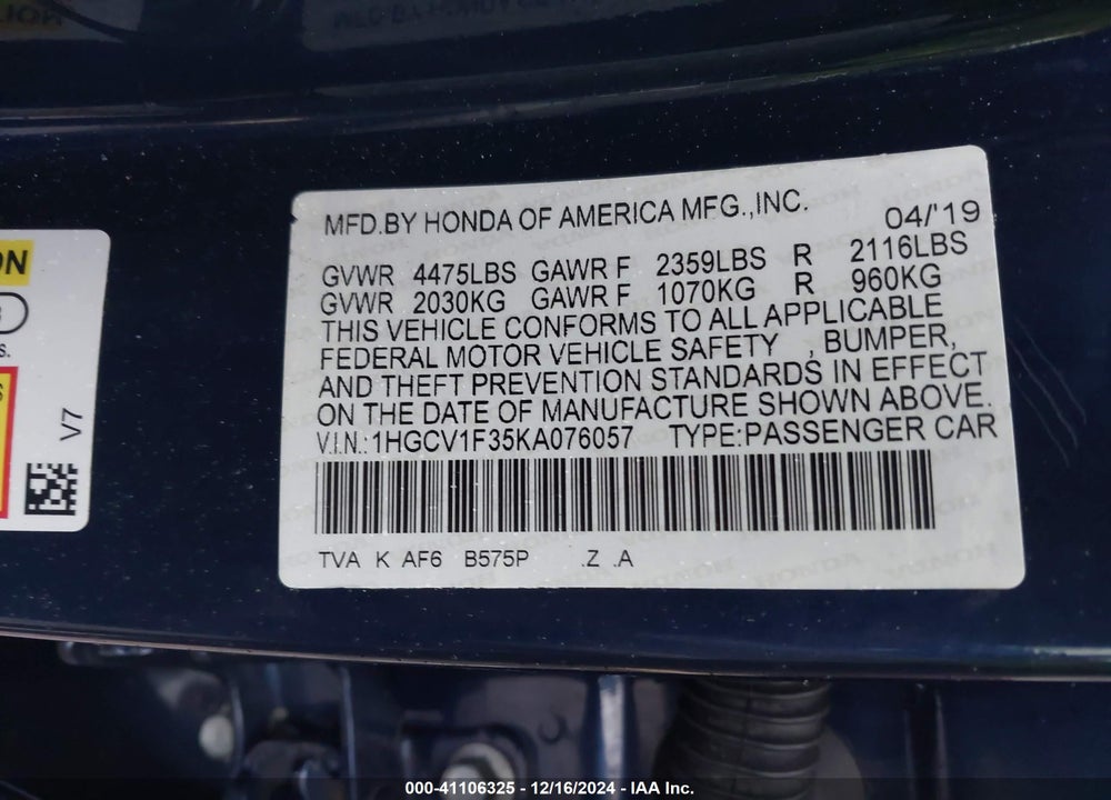 2019 HONDA ACCORD SPORT VIN: 1HGCV1F35KA076057