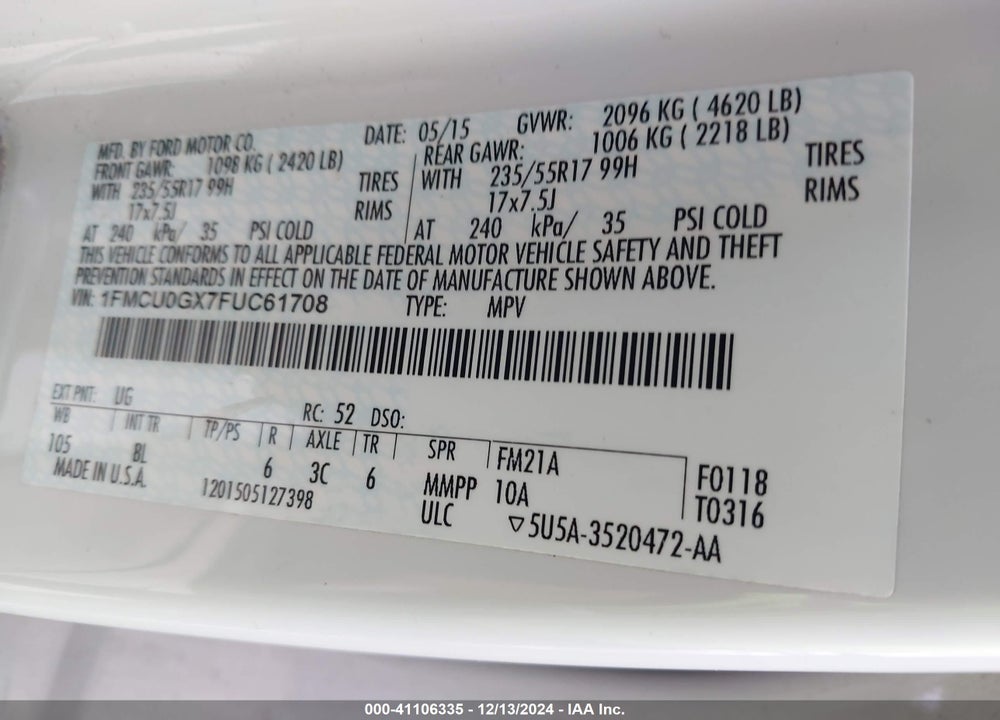 2015 FORD ESCAPE SE VIN: 1FMCU0GX7FUC61708