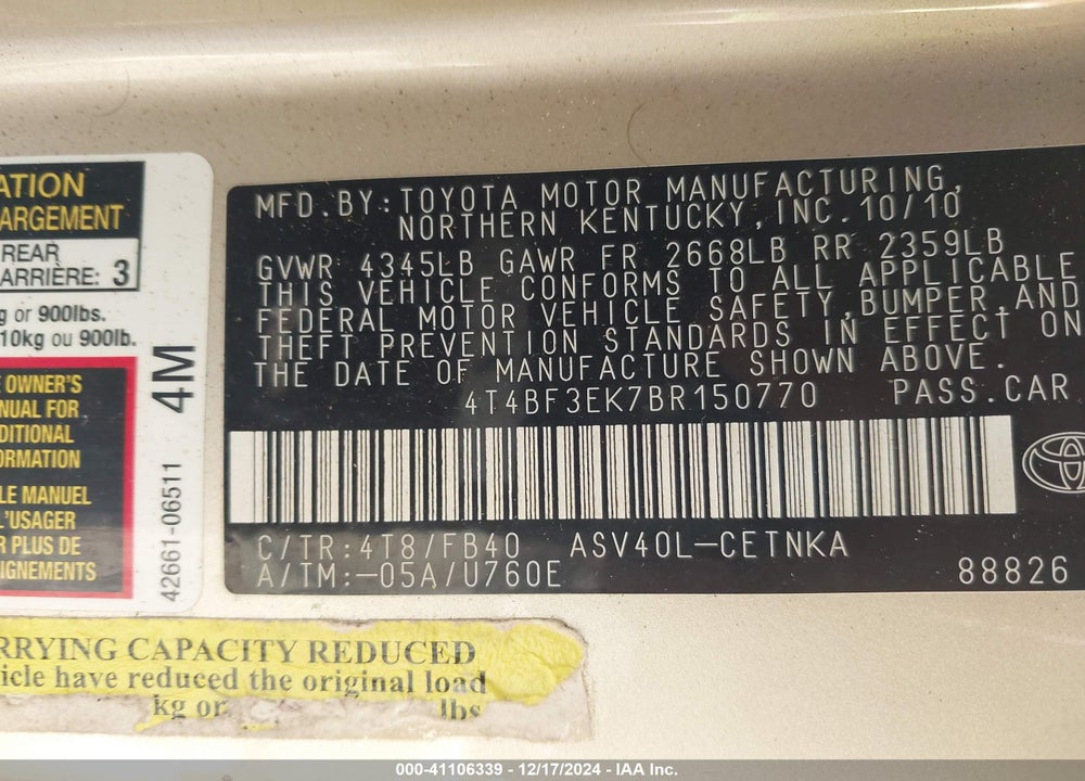 2011 TOYOTA CAMRY VIN: 4T4BF3EK7BR150770