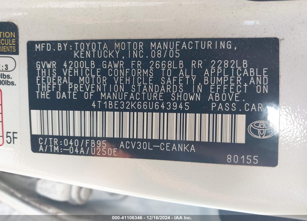 2006 TOYOTA CAMRY LE VIN: 4T1BE32K66U643945